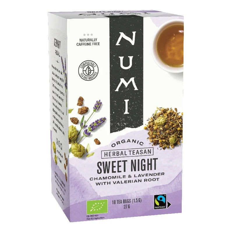 Organic Numi Herbal Tea Sweet Night - 18 x 1,5 g  ΣΑΚΟΥΛΑΚΙΑ Πράσινο Τσάι με Χαμομήλι,Λεβάντα & Ρίζα Βαλεριάνας - χωρίς Καφεΐνη - mykarma.gr