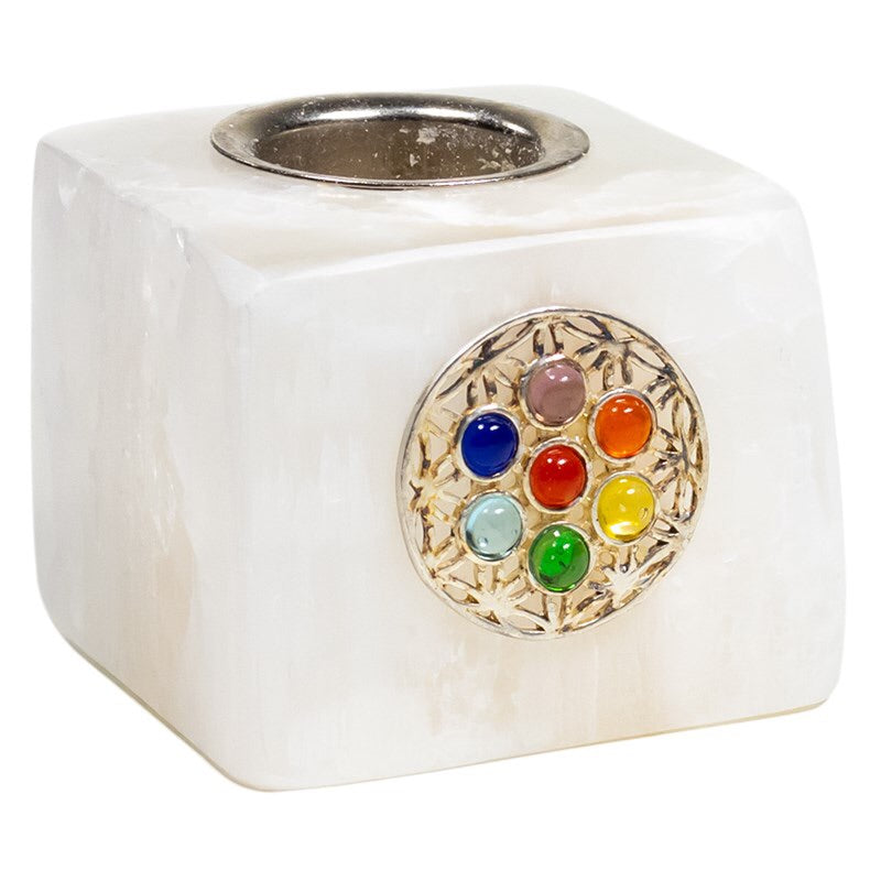 Cube Κηροπήγιο από Σεληνίτη (Selenite)με «Λουλούδι της Ζωής» για κερί με διάμετρο ± 2.2 cm. Μέγεθος 4.5x4.5x3.5cm - mykarma.gr