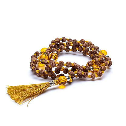 Mala Rudraksha και Κιτρίνη (Citrine)με κίτρινη φούντα + τσάντα -108 χάντρες. Διαστάσεις χάντρας : 0,5 cm & 0,3 cm - mykarma.gr