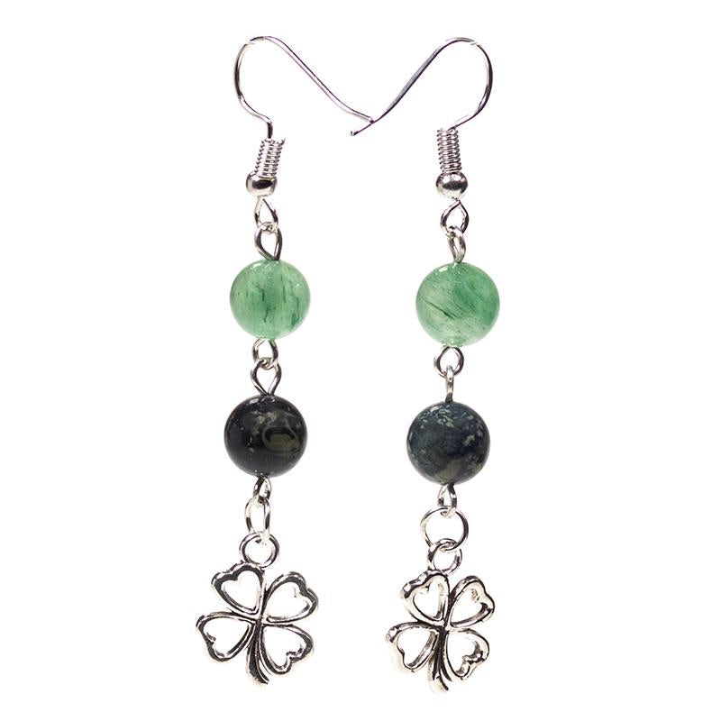 Σκουλαρίκια με Jasper της Kambaba & πράσινη Aventurine, με τριφύλλι της τύχης.Διαστασεις: 6,5 εκ.Χάντρα 0,8εκ.Υλικό:Ορείχαλκος. - mykarma.gr