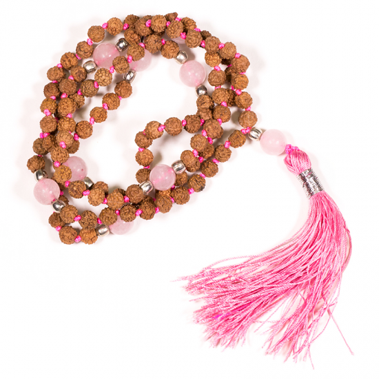 Mala Rudraksha και Ροζ Χαλαζίας με ροζ φούντα + τσάντα.Διαστάσεις: 0,5 cm - mykarma.gr