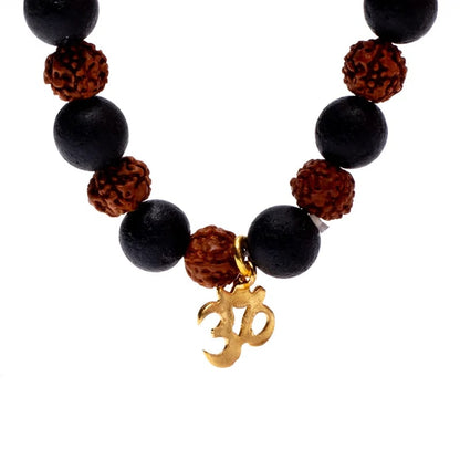 Βραχιόλι από Rudraksha & Λάβα με Ohm - ελαστικό. Διαστάσεις χάντρας: 0,8 cm. - mykarma.gr