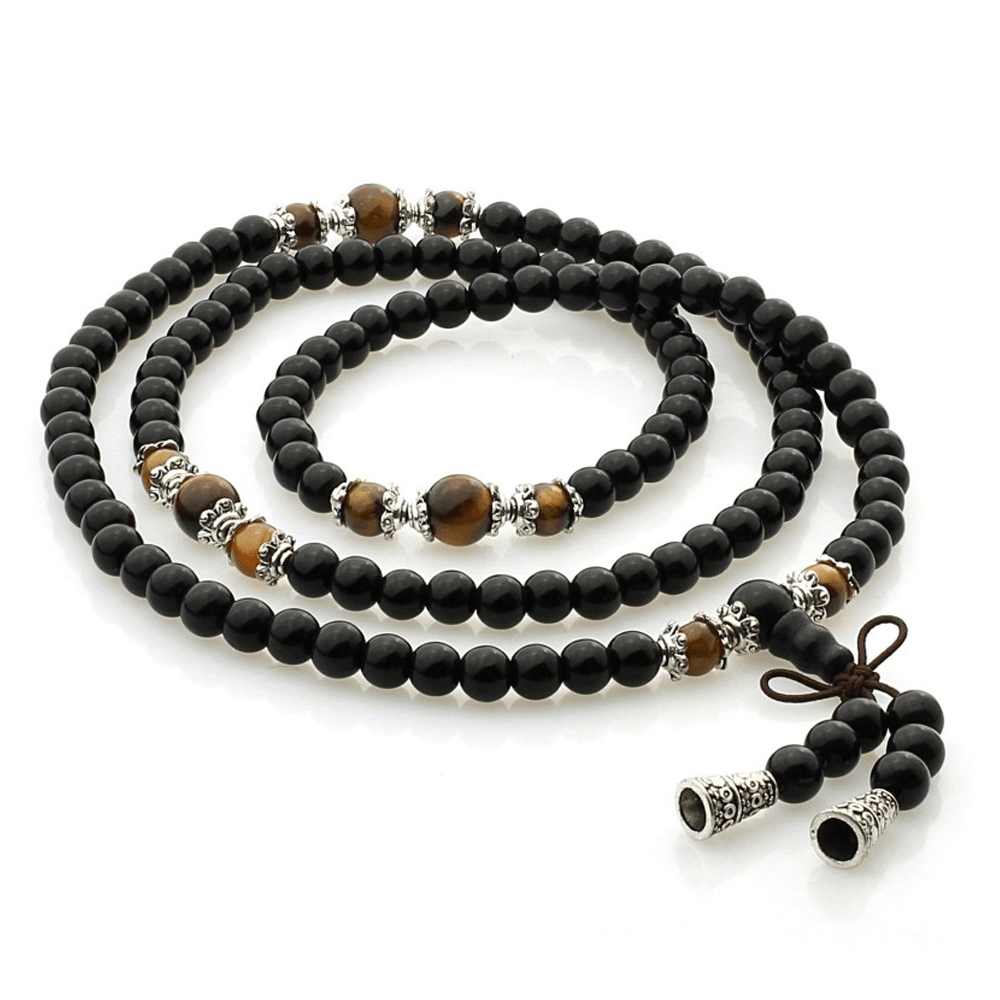 Mala με Black Obsidian & Tiger Eye -Μαύρος Οψιδιανος & Μάτι Τίγρης - 108 χάντρες - ελαστικό  6 mm + τσάντα - mykarma.gr