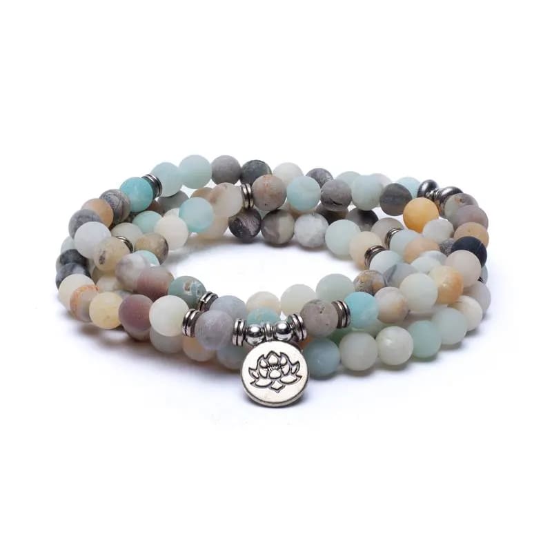 Mala με Αμαζονίτη(Amazonite) - 108 χάντρες ελαστικό - με Λωτό. Διαστάσεις: 0,8 cm + Τσάντα - mykarma.gr