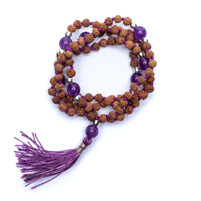 Mala Rudraksha και Αμέθυστος με μωβ φούντα + τσάντα -108 χάντρες Διαστάσεις χάντρας : 0,5 cm & 0,4 cm - mykarma.gr