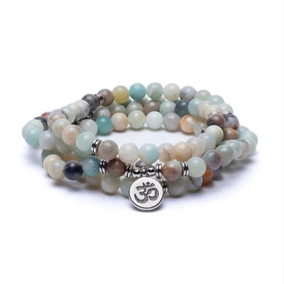 Mala με Αμαζονίτη(Amazonite) 108 χάντρες- ελαστικό - με Ohm. Διαστάσεις: 0,8 cm + Τσάντα - mykarma.gr