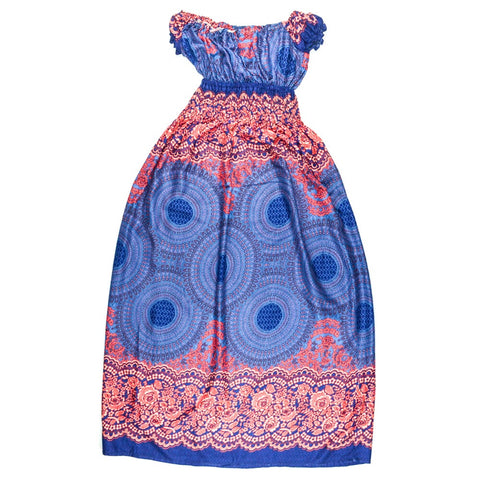 New Γυναικείο Maxi Φόρεμα με κοντά μανίκια  - με κύκλους  .Υλικό: 100% Βαμβάκι. - mykarma.gr