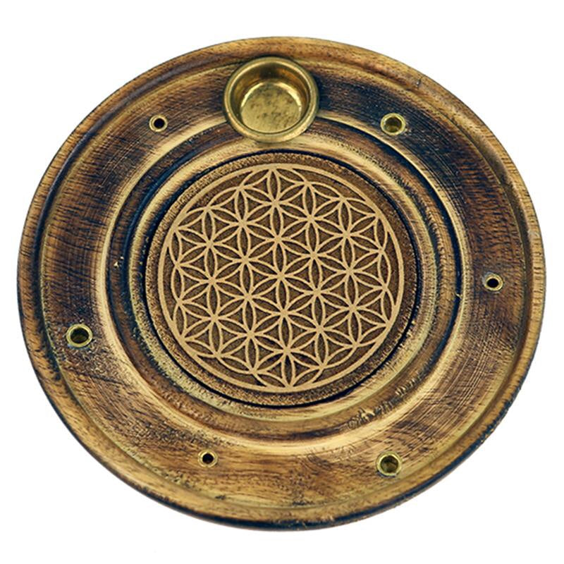 Βάση για Στικ & Κώνους με χαραγμένο Flower of Life (Λουλούδι της Ζωής)  Διαστάσεις: 10 εκ. Υλικό: ξύλο μάνγκο. - mykarma.gr