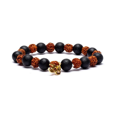 Βραχιόλι από Rudraksha & Λάβα με Ohm - ελαστικό. Διαστάσεις χάντρας: 0,8 cm. - mykarma.gr