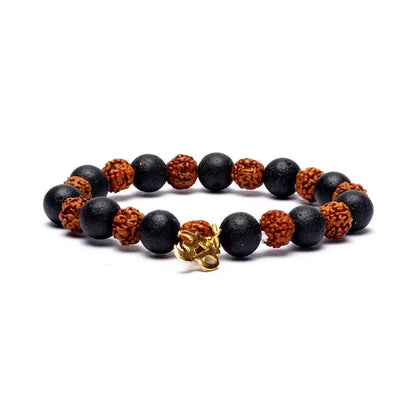 Βραχιόλι από Rudraksha & Λάβα με Ohm - ελαστικό. Διαστάσεις χάντρας: 0,8 cm. - mykarma.gr
