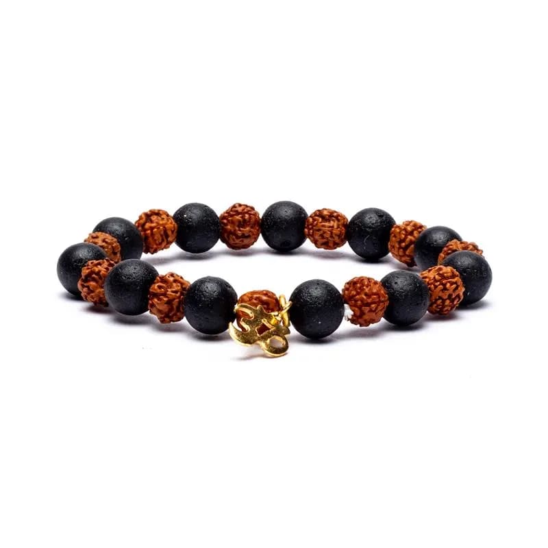 Βραχιόλι από Rudraksha & Λάβα με Ohm - ελαστικό. Διαστάσεις χάντρας: 0,8 cm. - mykarma.gr
