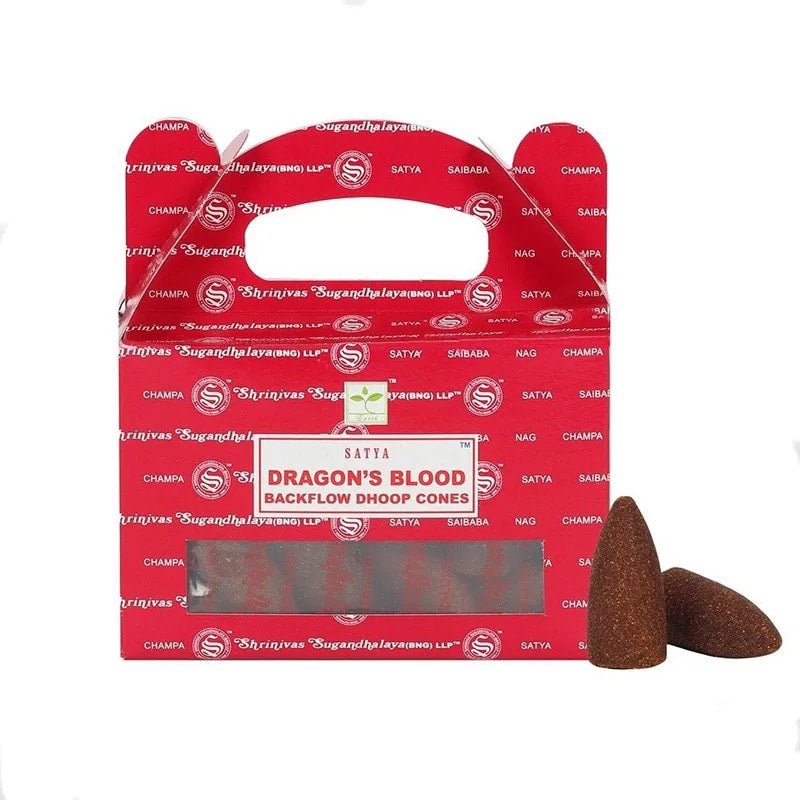 Κώνοι θυμιάματος αναστροφής ροής Satya Backflow Dhoop Cones -Dragon's blood. Βάρος: 75 g.Περιεχει 24 κώνους. - mykarma.gr