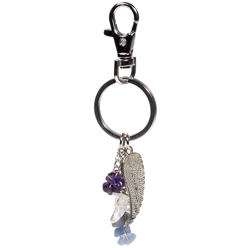 Μπρελόκ-Φτερό Αγγέλου με χάντρες από Αμέθυστο,Αγγελίτη & Λευκό Χαλαζία .Διαστάσεις: 10 εκ. - mykarma.gr
