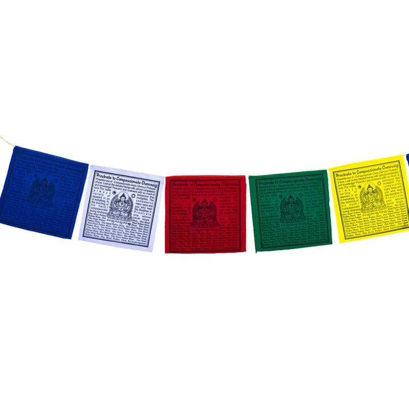 Flags-10 Θιβετιανές Σημαίες προσευχής Chenrezig (Βούδας της Συμπόνιας) με το Μάντρα για Απαλλαγή από τα βάσανα. Διαστάσεις κάθε σημαίας: 20 × 20 εκ Συνολικό μήκος 210 εκ. - mykarma.gr