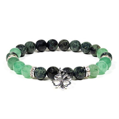 Ελαστικό βραχιόλι από Jasper της Kambaba & πράσινο Aventurine, με τριφύλλι της τύχης.Διαστασεις χάντρας 0,8 εκ. - mykarma.gr
