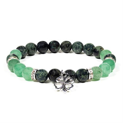 Ελαστικό βραχιόλι από Jasper της Kambaba & πράσινο Aventurine, με τριφύλλι της τύχης.Διαστασεις χάντρας 0,8 εκ. - mykarma.gr