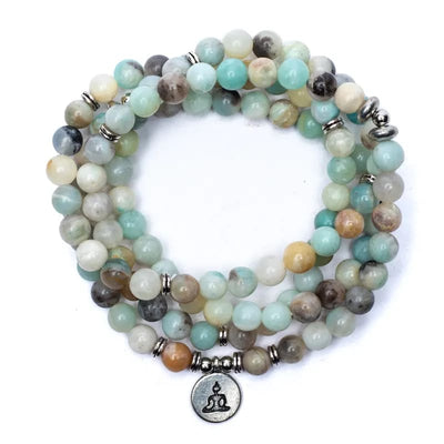 Mala με Αμαζονίτη(Amazonite) - ελαστικό  108 χάντρες - με τον Βούδα  Διαστάσεις: 0,8 cm + Τσάντα - mykarma.gr
