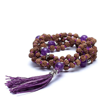 Mala Rudraksha και Αμέθυστος με μωβ φούντα + τσάντα -108 χάντρες Διαστάσεις χάντρας : 0,5 cm & 0,4 cm - mykarma.gr