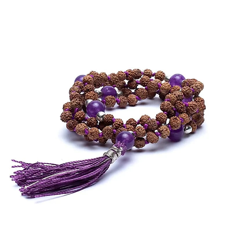 Mala Rudraksha και Αμέθυστος με μωβ φούντα + τσάντα -108 χάντρες Διαστάσεις χάντρας : 0,5 cm & 0,4 cm - mykarma.gr