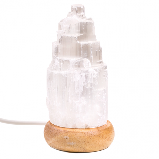 Λάμπα απο Σεληνίτη (Selenite)-λευκή ακατέργαστη επιφάνεια - USB LED φωτίζει σε διάφορα μεταβαλλόμενα χρώματα. Διαστάσεις: 10 εκ.Βάρος:300 γρ - mykarma.gr