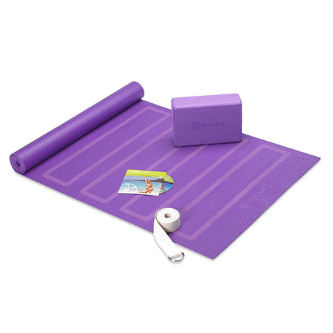 Gaiam Yoga Sets - Yoga Beginners Kit Purple - Στρώμα 173 x 61 cm 4 mm & Block Αφρού 8 x 15  x 23 cm & Ιμάντας 183 cm - mykarma.gr