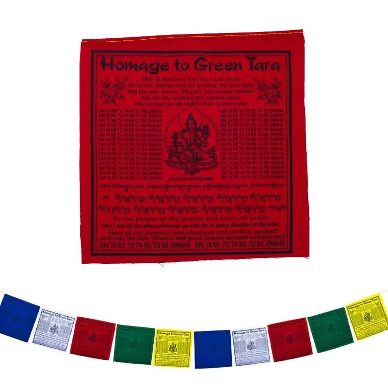 Flags-10 Θιβετιανές Σημαίες προσευχής Green Tara (Πράσινη Ταρα) με το Μάντρα. Διαστάσεις κάθε σημαίας: 20 × 20 εκ Συνολικό μήκος 210 εκ. - mykarma.gr