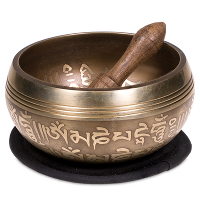 Σετ μουσικό μεταλλικό Singing Bowl Ohm με ραβδί & μαξιλάρι δώρο-μαύρο. 300γρ 10εκ - mykarma.gr